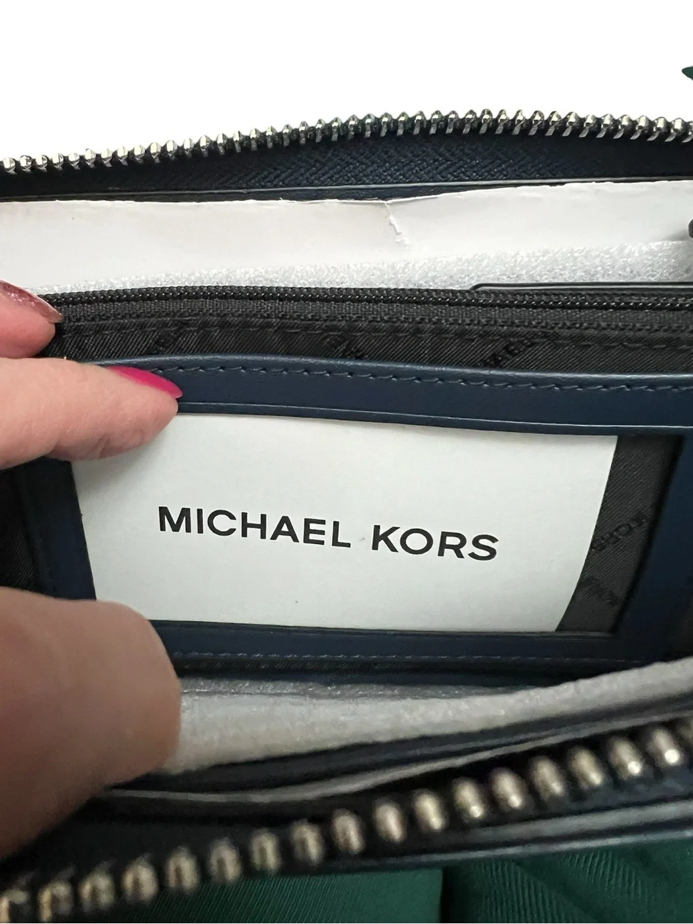 Fathers Day! Michael Kors Navy Textured MK Zip-Around Cooper wallet NWT